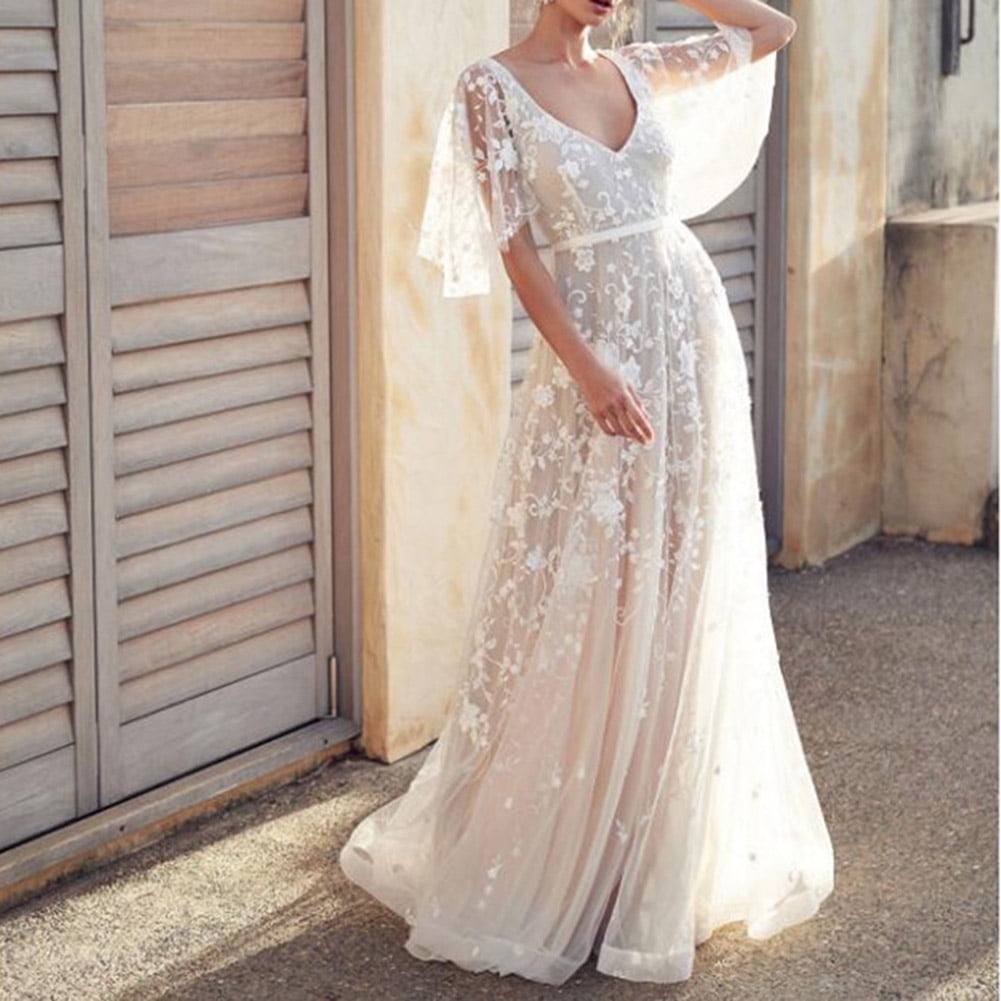 CAROOTU Beach Wedding Dress White Bridal Gowns Lace Appliques Train Casual  V Neck Dress | Walmart Canada